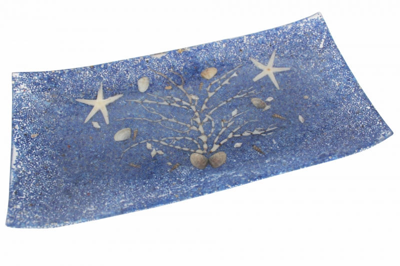 Dekoschale aus Muscheln und Seesternen, blau - 27 cm